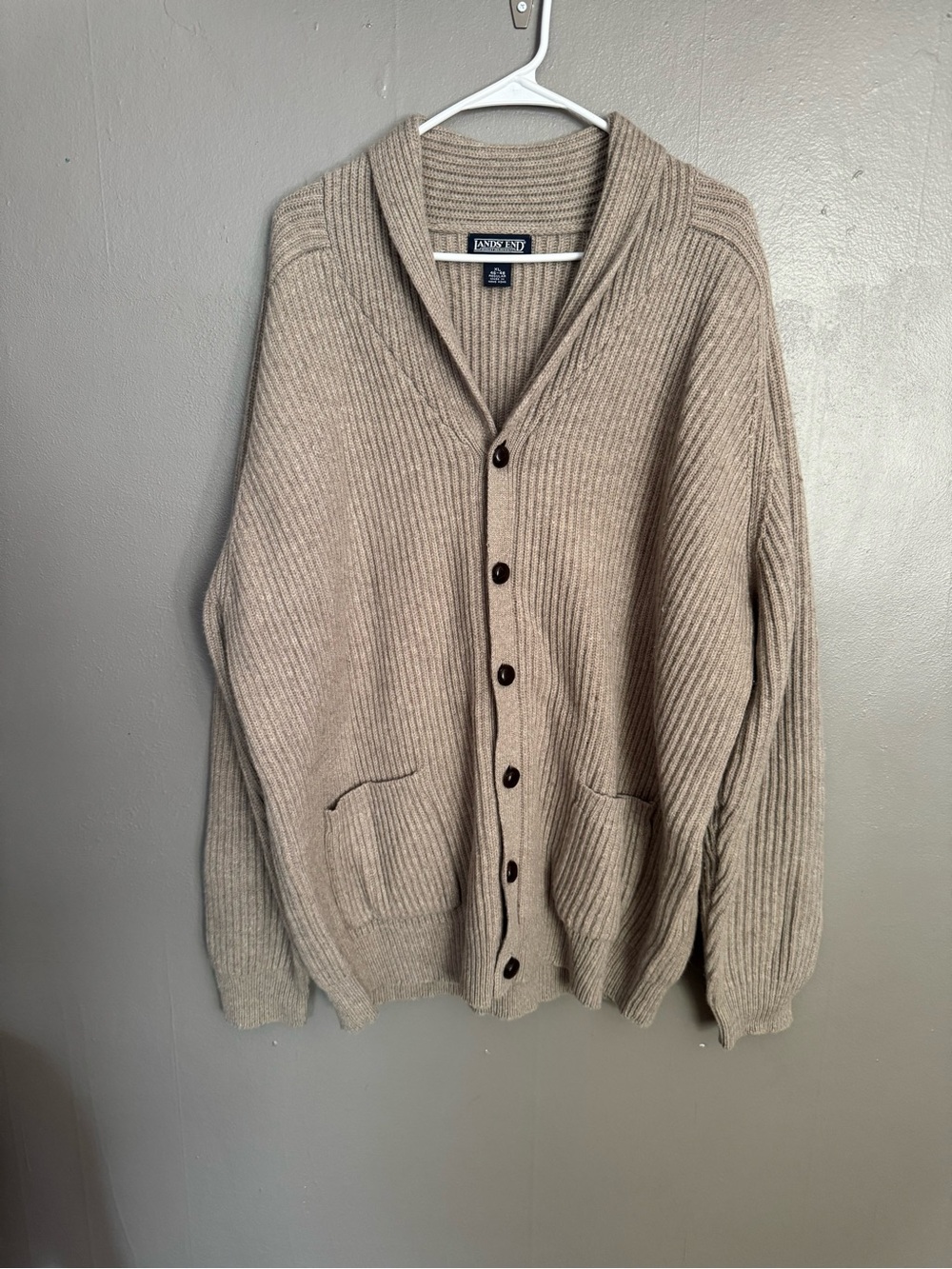 Vintage Lands’ End Men’s Button Cardigan - Taupe - 100% Lambs Wool
